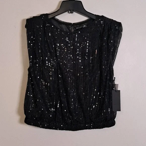 BLACK TAPE Sequin Padded-Shoulder Cap-Sleeve Top Large - Picture 2 of 9